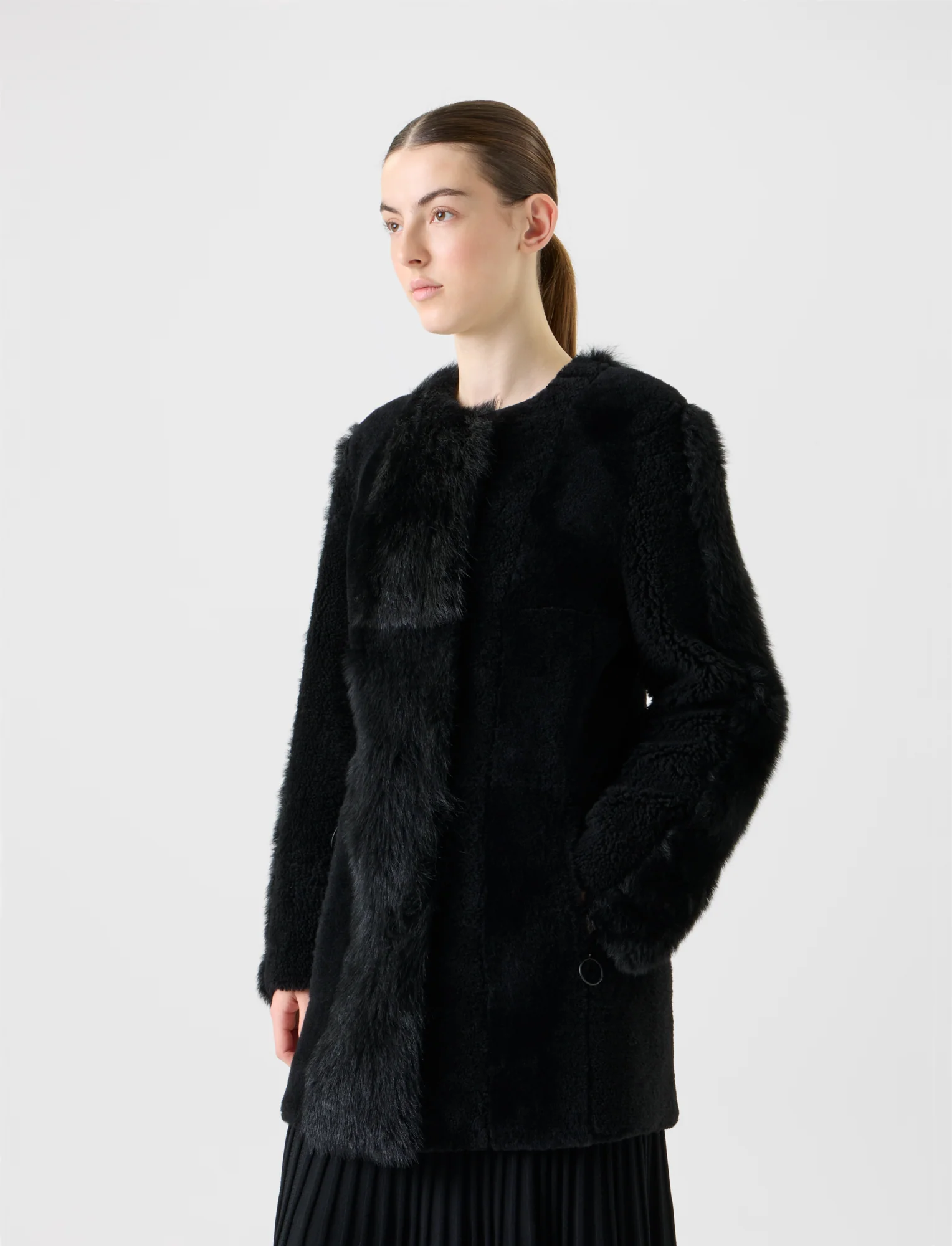 Straight Patchwork Shearling Short Coat - Image 4